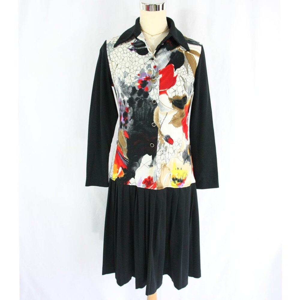 Vintage Floral Art Colorful Pleated Collared Drop Waist Shirtwaist Dress M 1970s